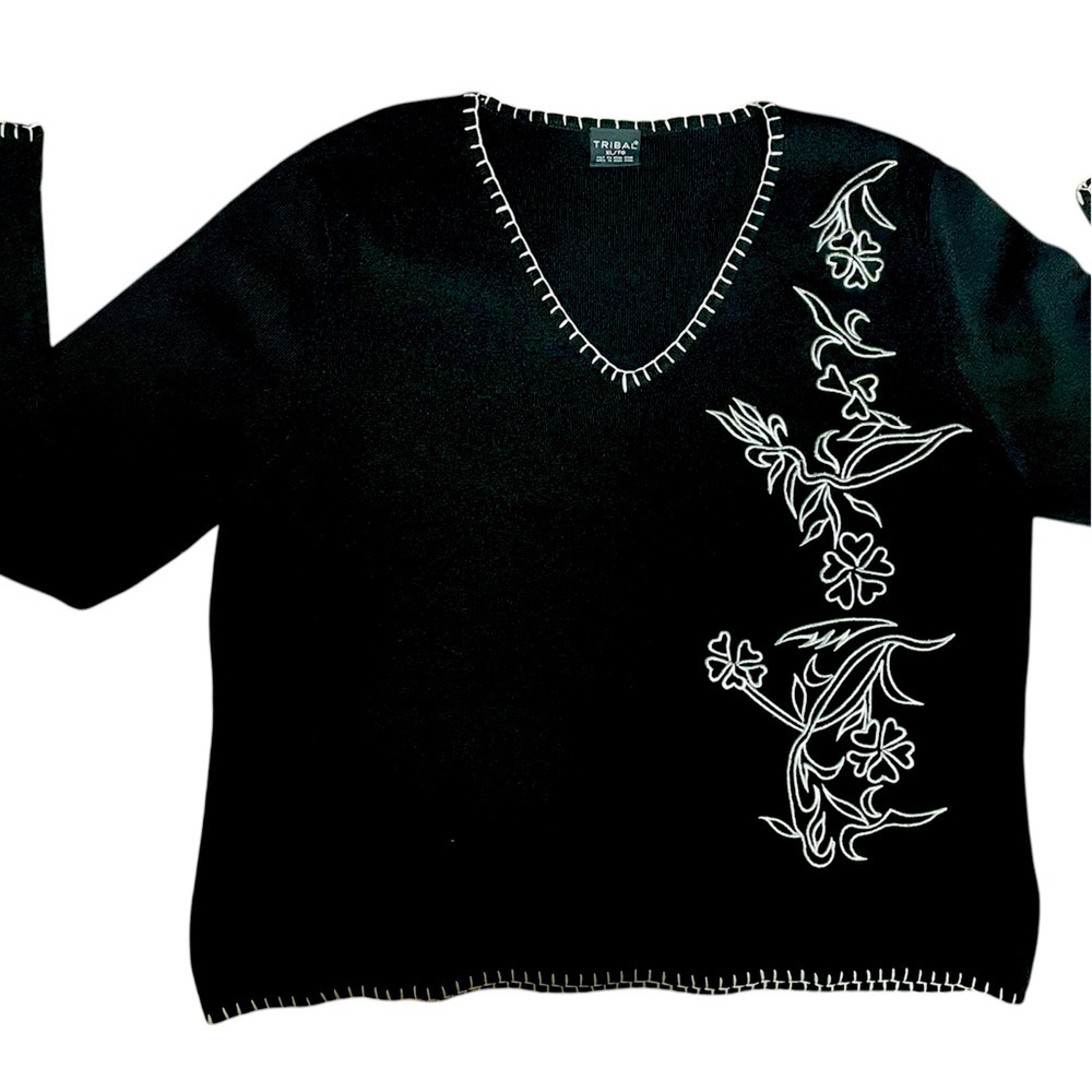 TRIBAL Black Floral Embroidered Women's Sweater, V neck, size XL